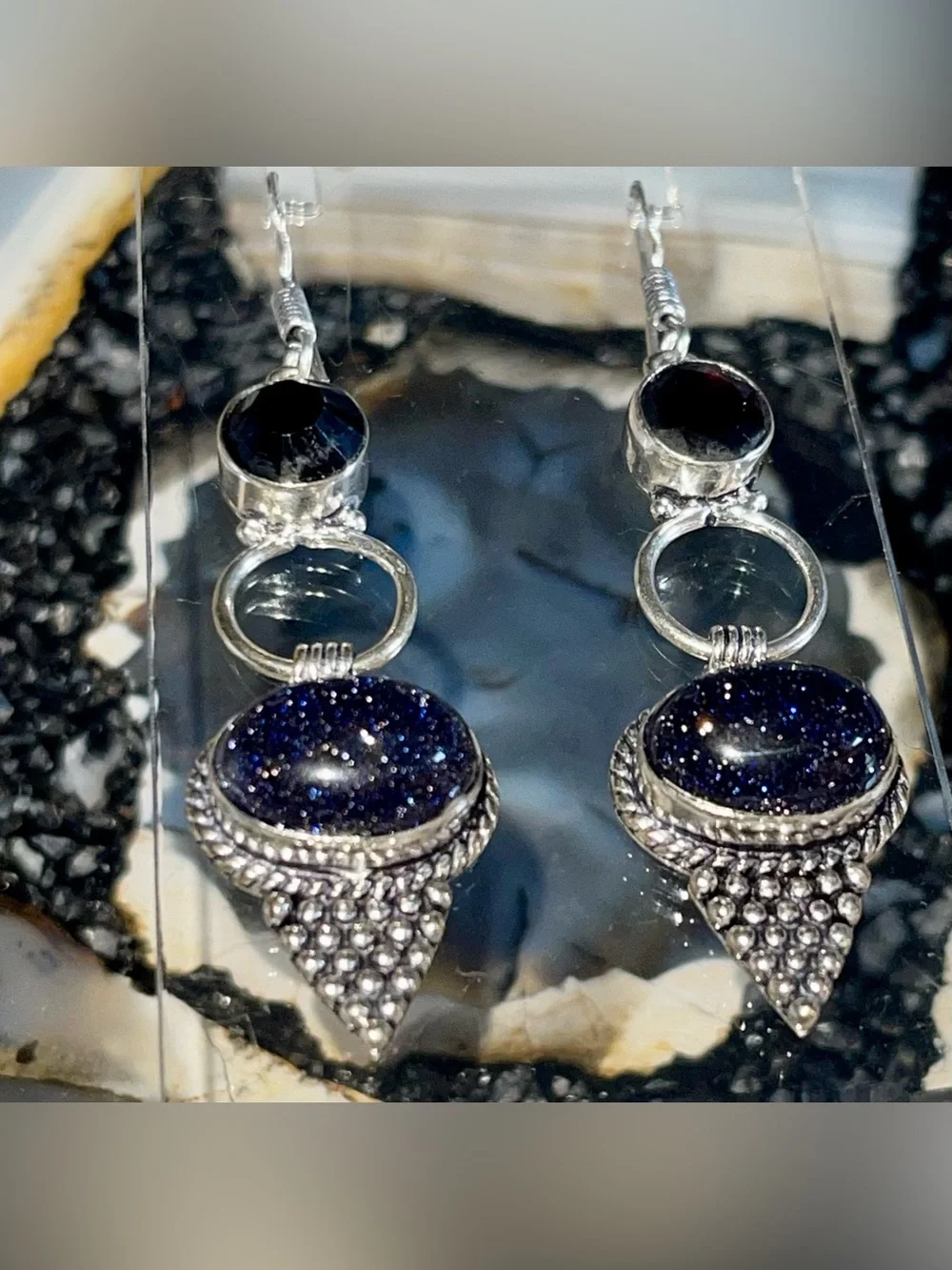 Deep Sparkly Bluestone Sandstone Earrings 2 1/2”